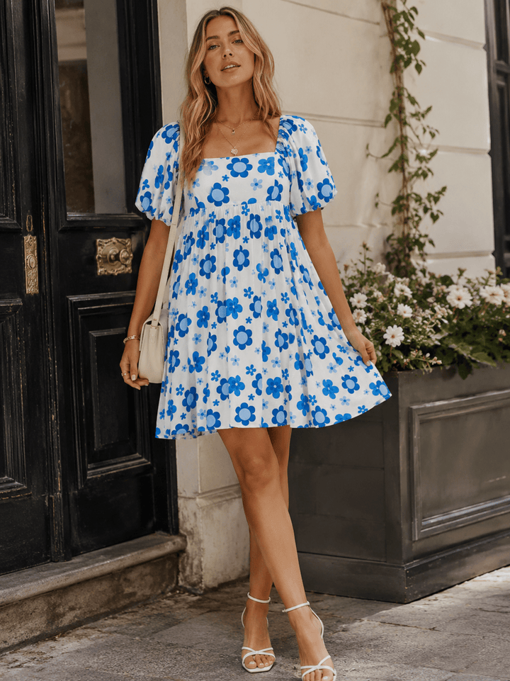 WOMEN'S SHORT SLEEVE SQUARE NECK FRONT POCKETS TUNIC FLORAL MINI DRESS