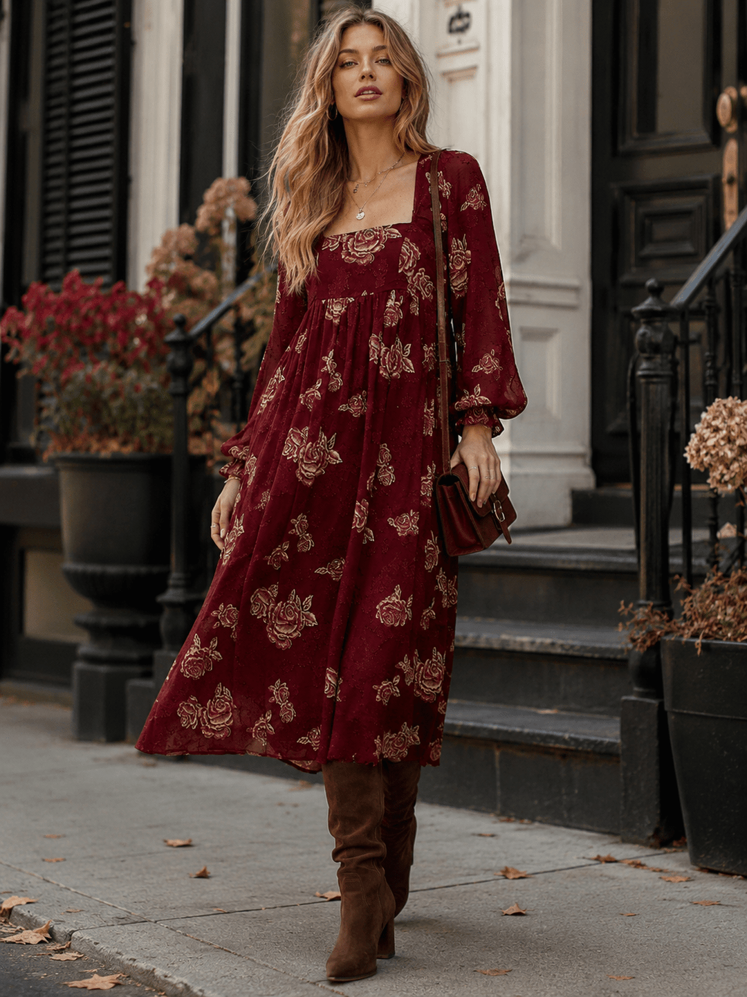 WOMEN'S 3/4 SLEEVES SQUARE NECK FLORAL MIDI DRESS