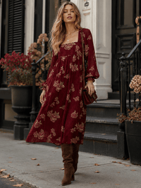WOMEN'S 3/4 SLEEVES SQUARE NECK FLORAL MIDI DRESS