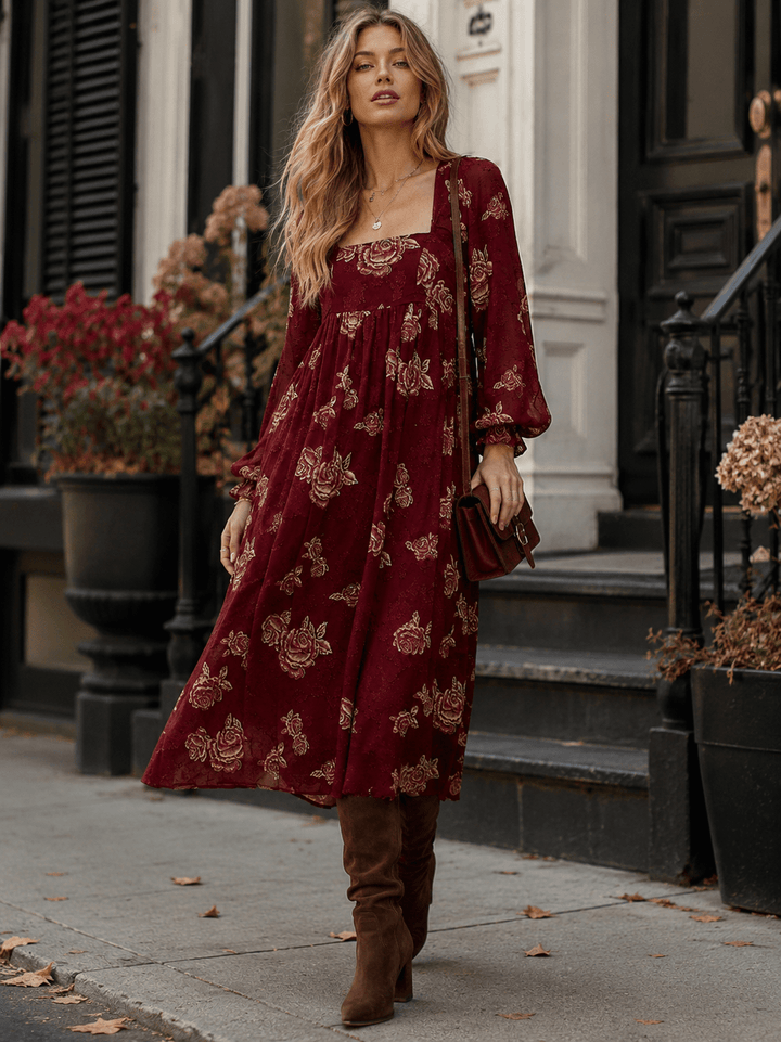 WOMEN'S 3/4 SLEEVES SQUARE NECK FLORAL MIDI DRESS