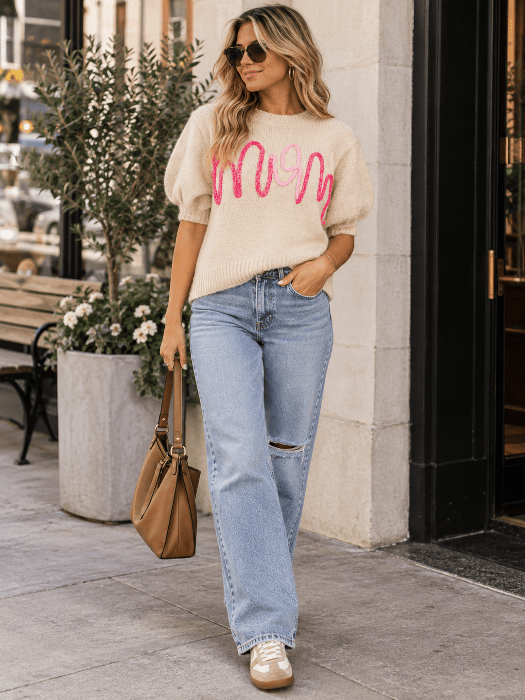 WOMEN'S SHORT SLEEVE MOM SWEATER TOP