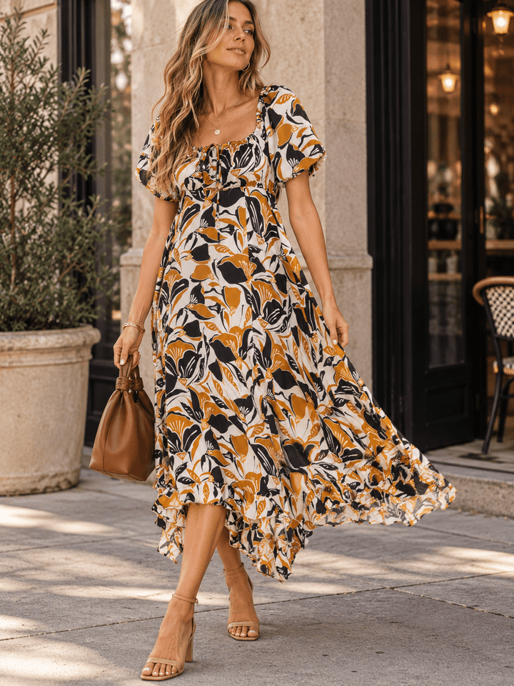 ENTRO WOMEN'S SHORT SLEEVE ELASTIC WAIST FLORAL PRINT MAXI DRESS