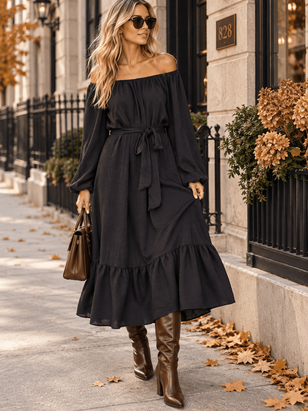 WOMEN'S OFF SHOULDER LONG SLEEVE SELF TIE MAXI DRESS