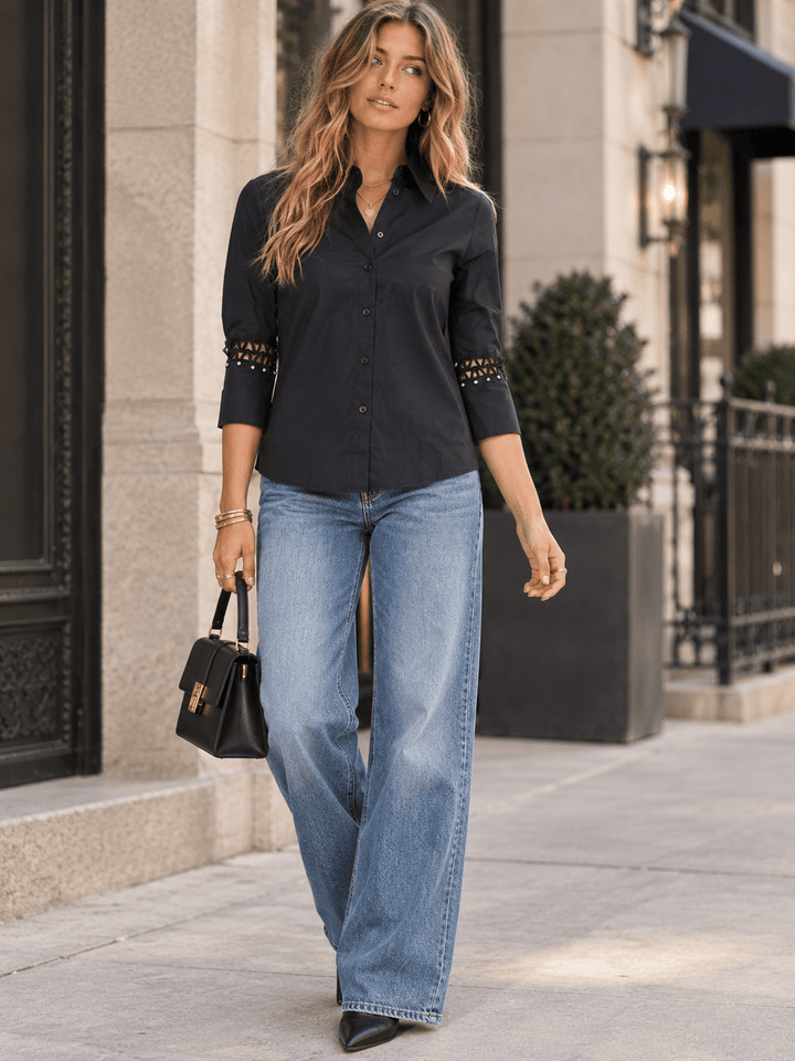 WOMEN'S 3/4 EYELET SLEEVE BUTTON UP BLOUSE