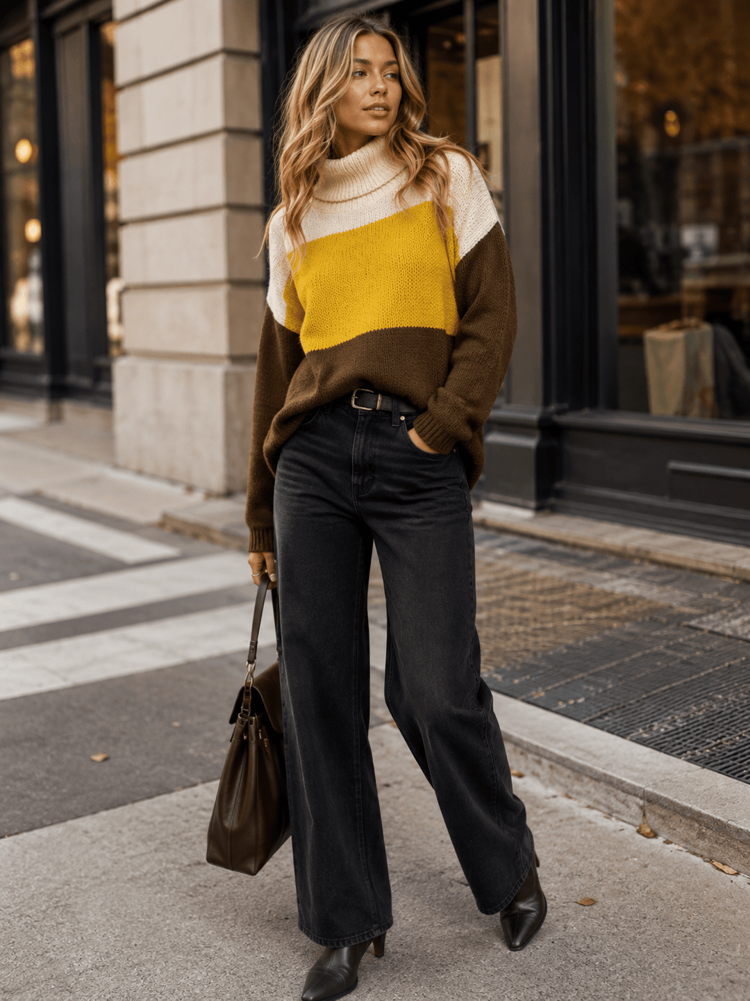 WOMEN'S LONG SLEEVE TURTLE NECK COLORBLOCK KNIT PULLOVER SWEATER