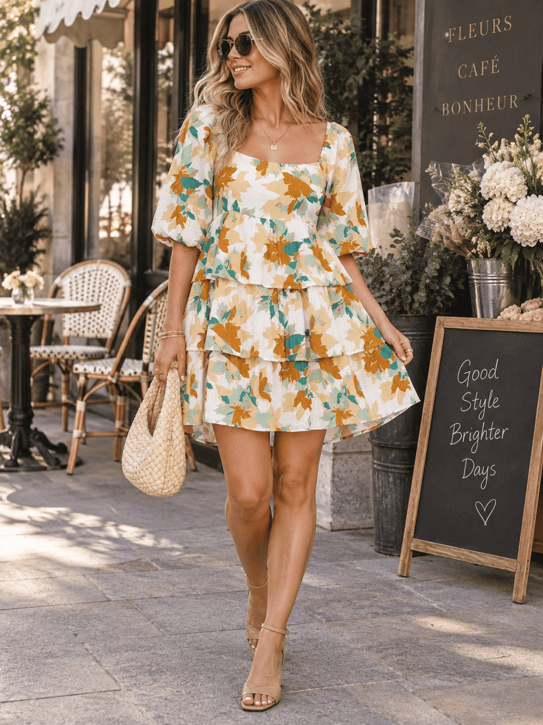 WOMEN'S SHORT PUFF SLEEVE SQUARE NECK SMOCK RUFFLE TIERED FLORAL MINI DRESS