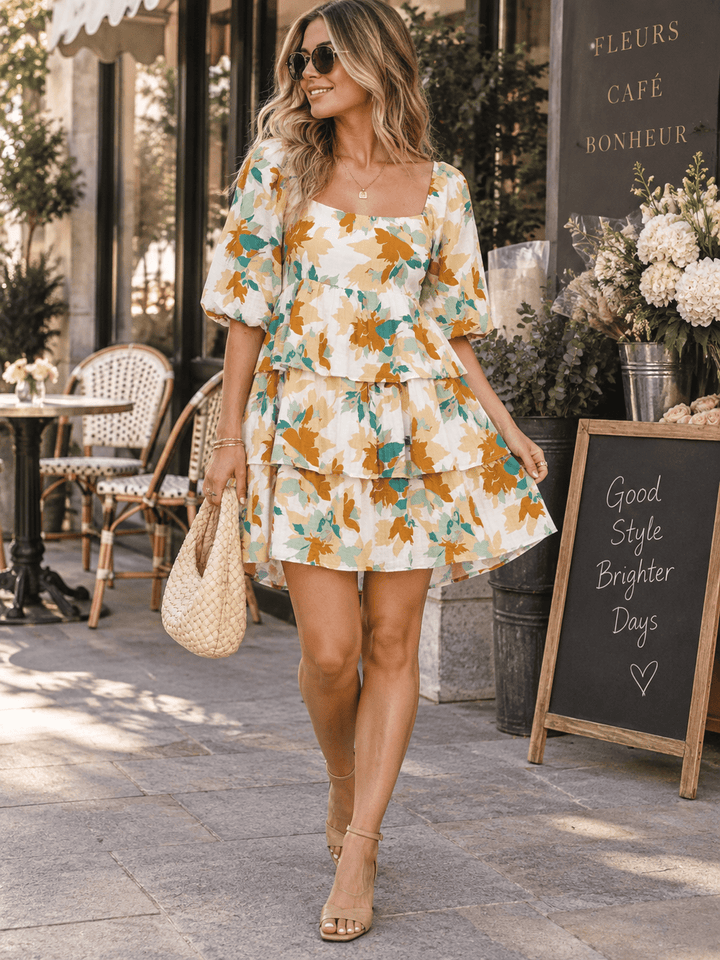WOMEN'S SHORT PUFF SLEEVE SQUARE NECK SMOCK RUFFLE TIERED FLORAL MINI DRESS