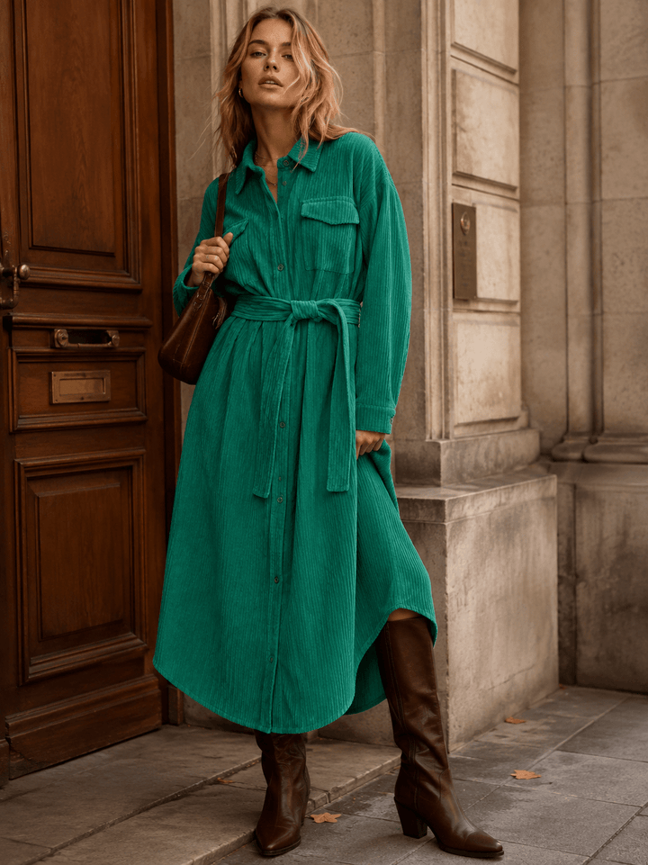WOMEN'S LONG SLEEVE BUTTON CLOSURE POCKETS SELF TIE CORDUROY MAXI DRESS