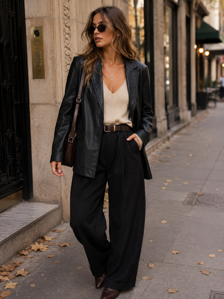 WOMEN'S LONG SLEEVE BUTTON CLOSURE PU PLEATHER JACKET