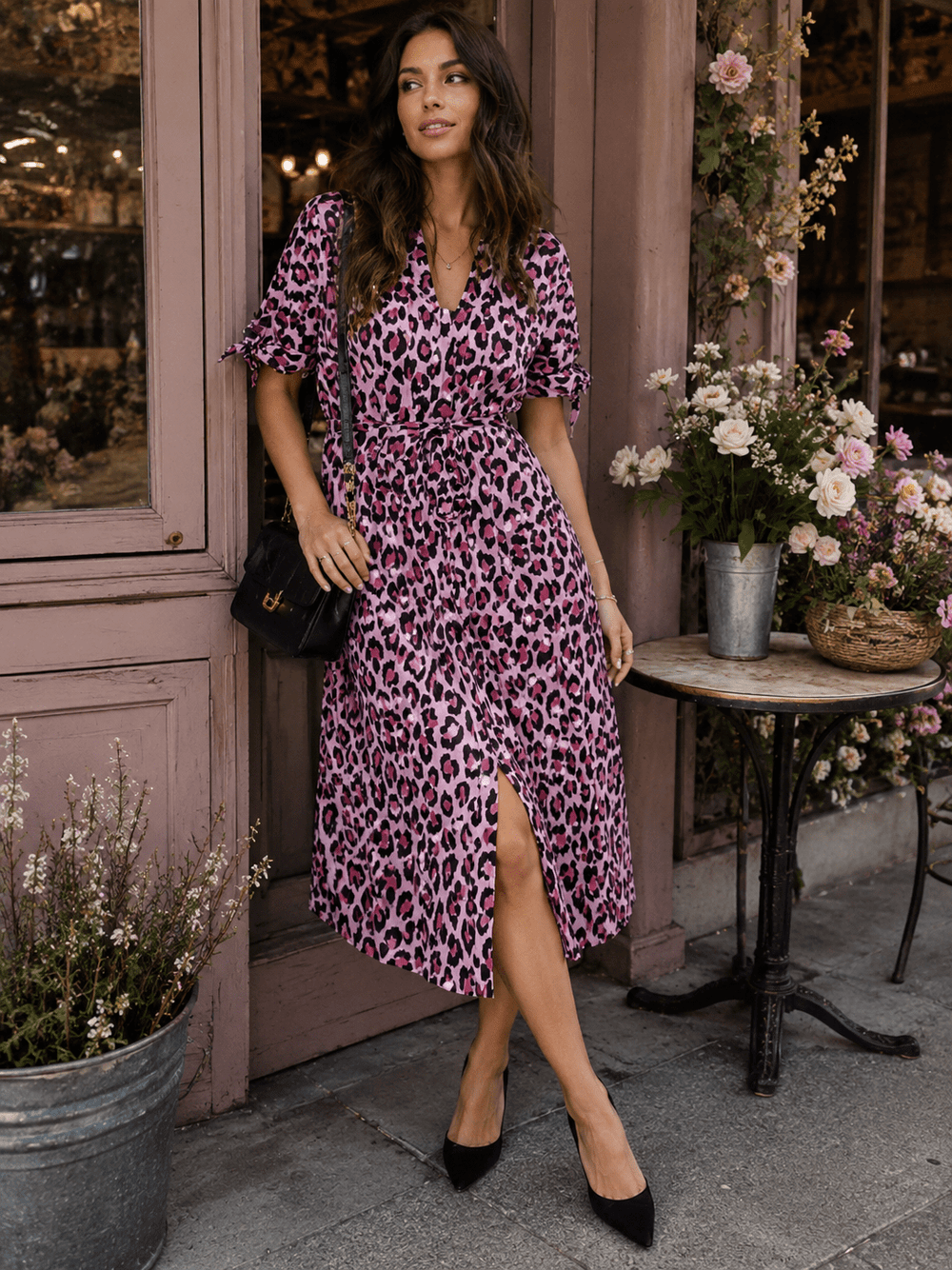 WOMEN'S SHORT SLEEVE V-NECK BUTTON UP SELF TIE FRONT POCKETS ANIMAL PRINT MIDI DRESS