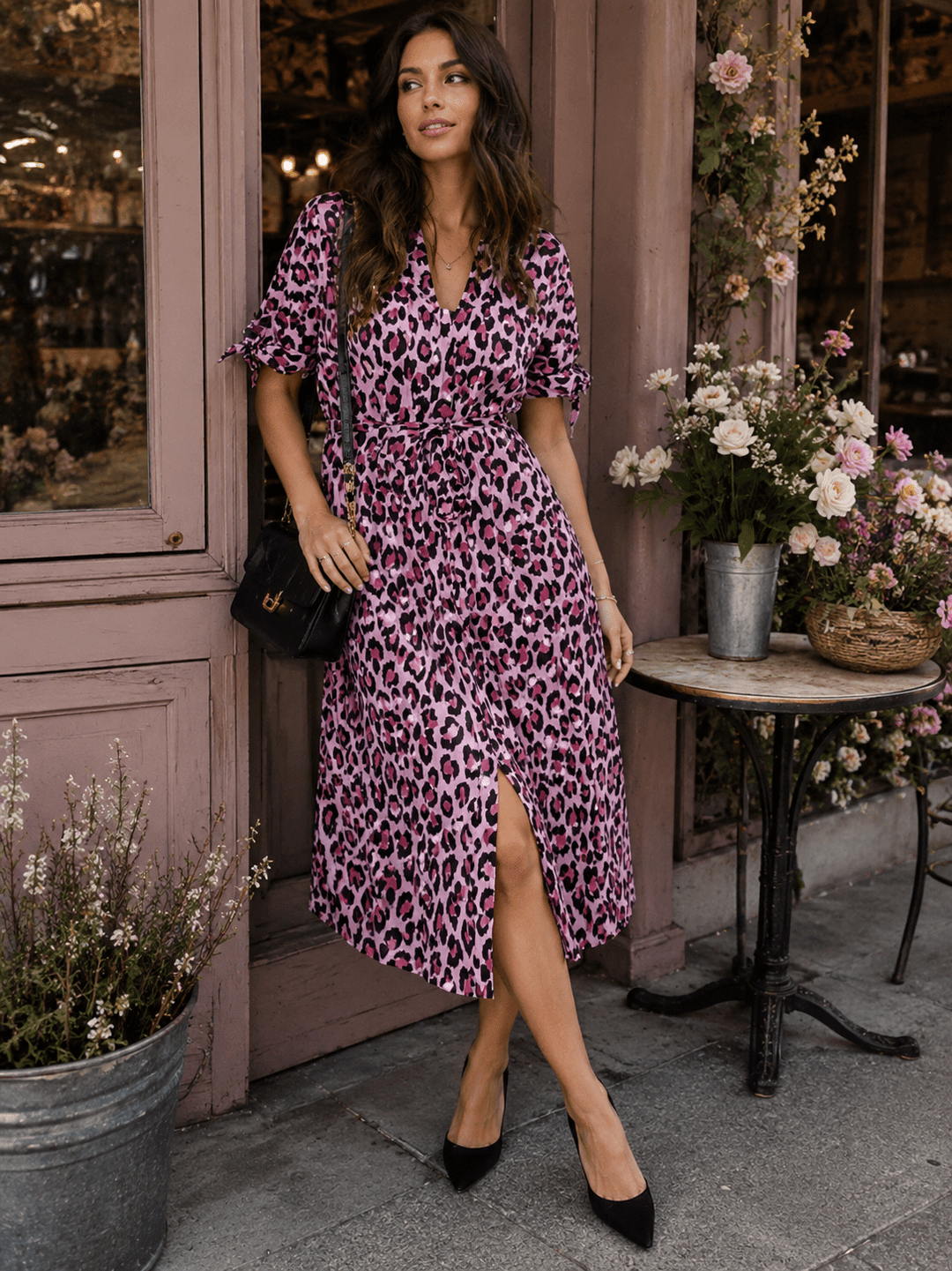 WOMEN'S SHORT SLEEVE V-NECK BUTTON UP SELF TIE FRONT POCKETS ANIMAL PRINT MIDI DRESS