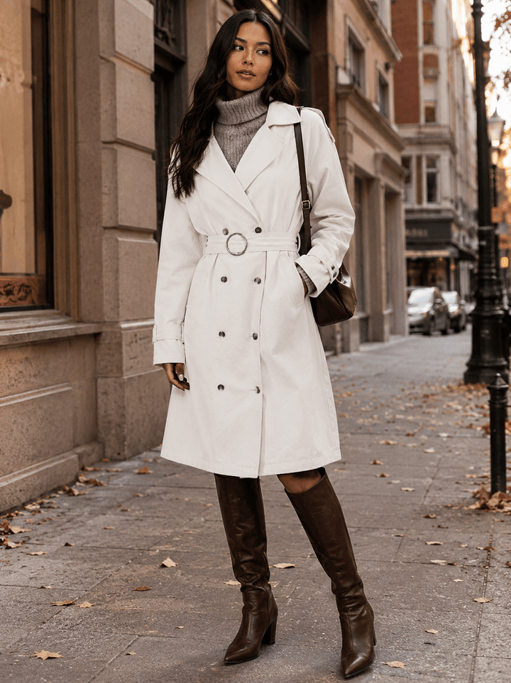 WOMEN'S LONG SLEEVE BUTTON CLOSURE FRONT POCKETS BELTED DENIM COAT