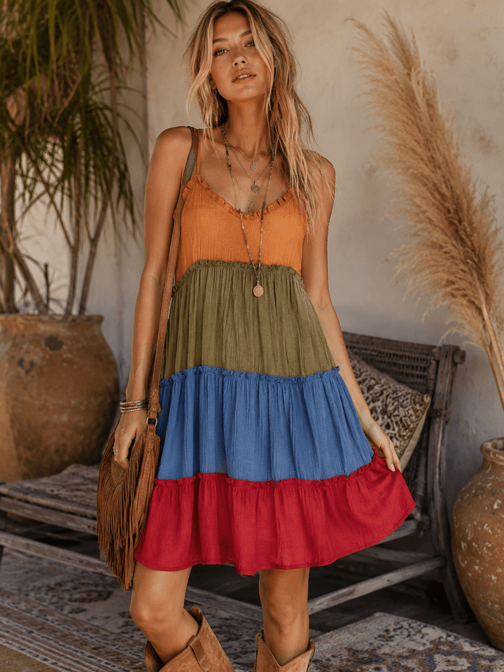 WOMEN'S SLEEVELESS V-NECK TIERED COLORBLOCK MINI DRESS