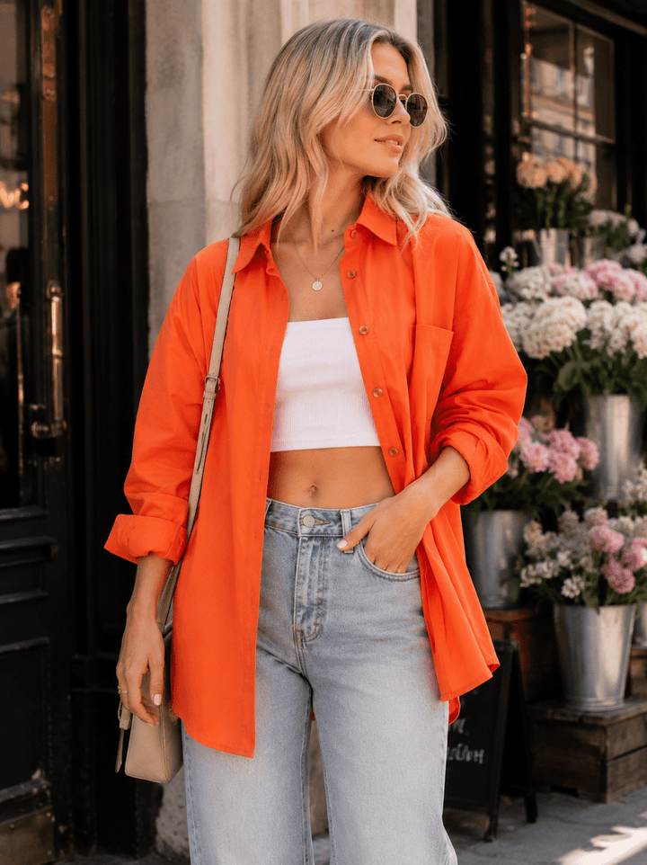 WOMEN'S LONG SLEEVE BUTTON UP FRONT POCKET SHIRT