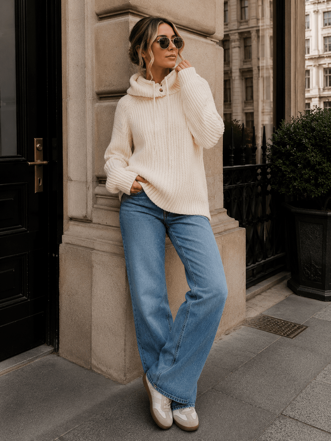 WOMEN'S LONG SLEEVE HOODED KNIT PULLOVER SWEATER