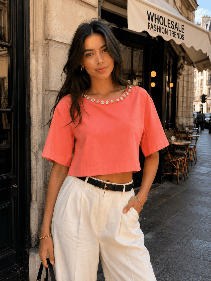WOMEN'S SHORT SLEEVE STUDS NECK TRIM BACK BUTTON UP LINEN BLOUSE