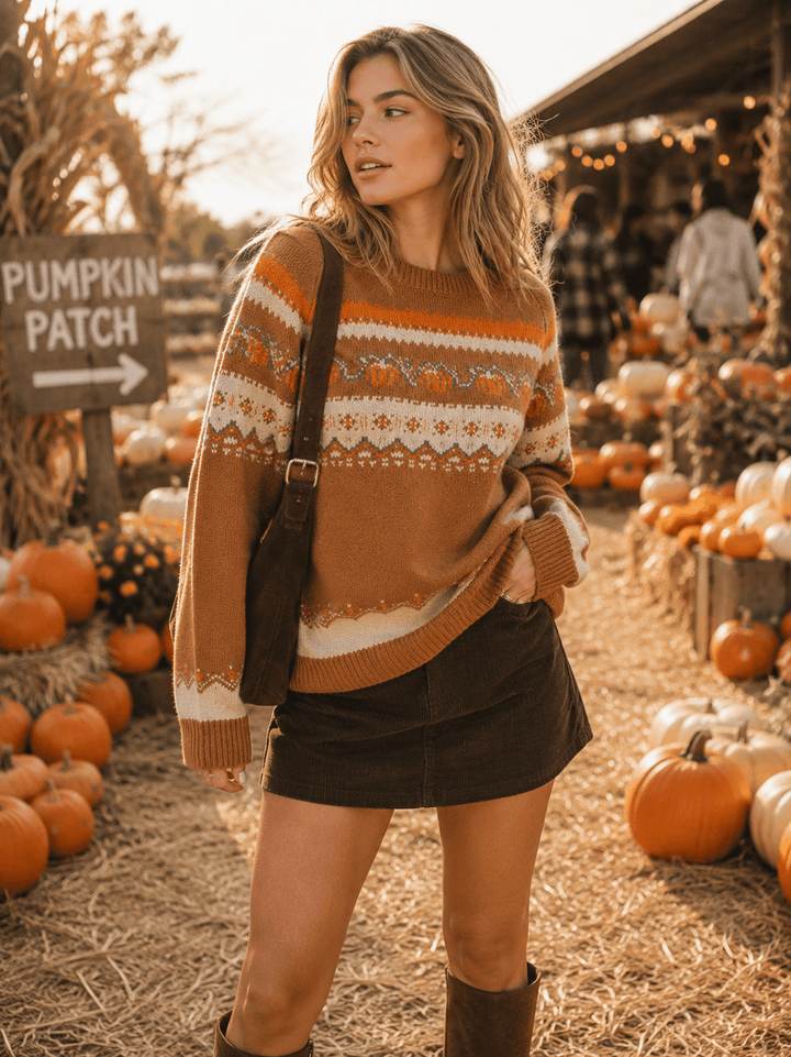 WOMEN'S LONG SLEEVE PUMPKIN MULTI PRINT PULLOVER SWEATER