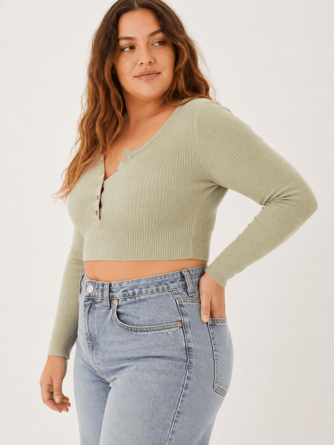 PLUS SIZE LONG SLEEVE BUTTON CLOSURE RIBBED CROP TOP