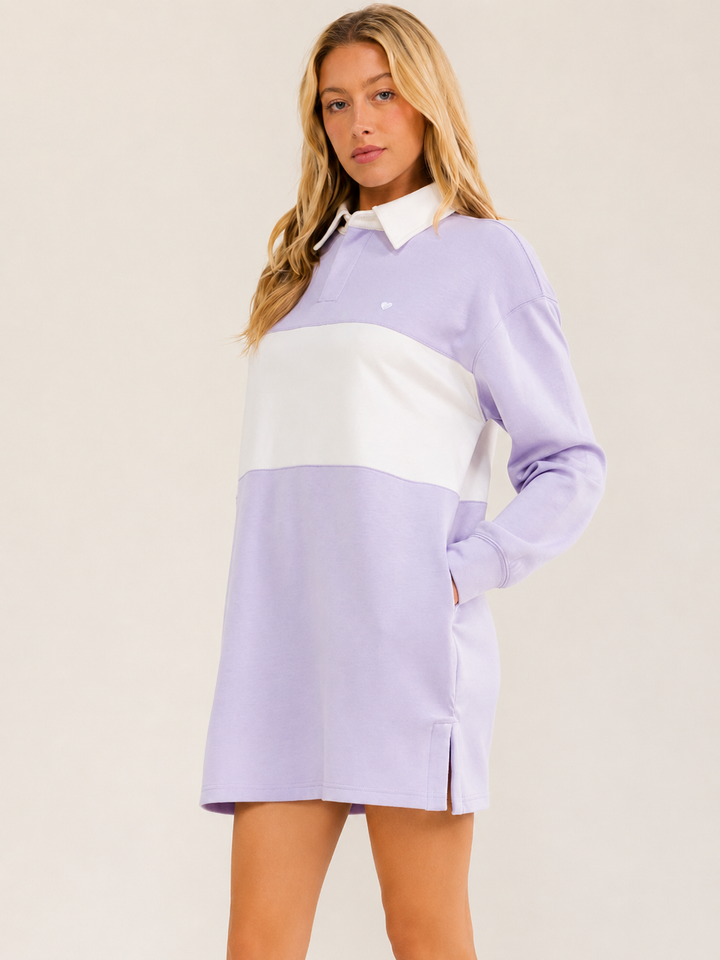 WOMEN'S LONG SLEEVE BUTTON UP FRONT POCKETS COLORBLOCK MINI DRESS