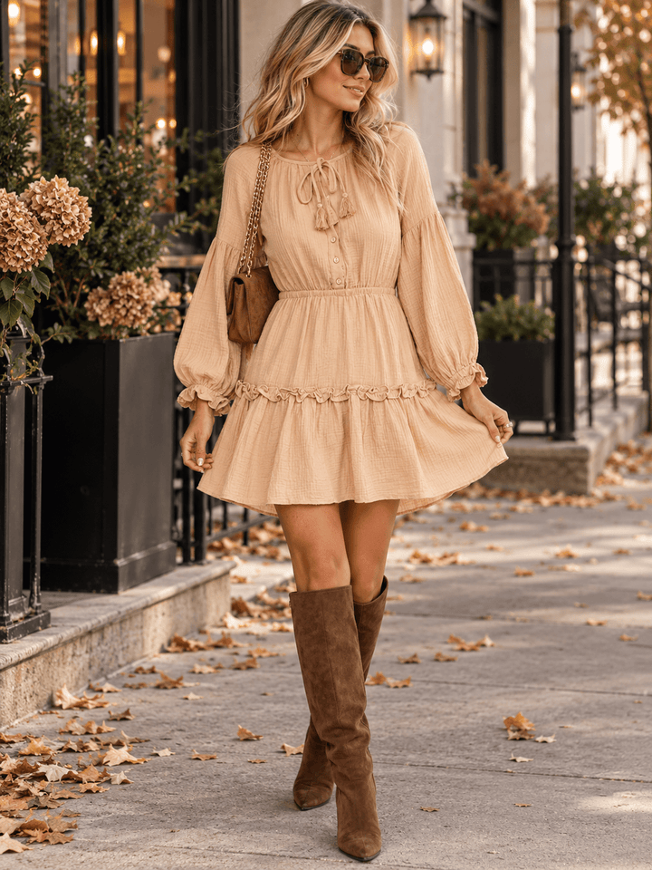 WOMEN'S LONG SLEEVE BUTTON UP ELASTIC WAIST TIERED MINI DRESS