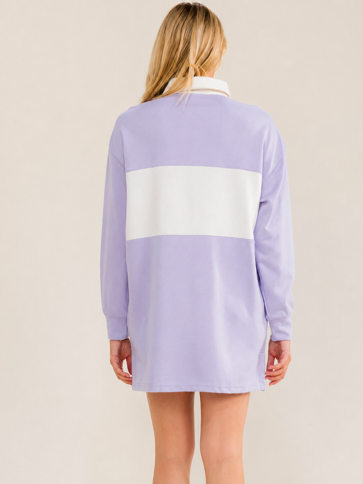 WOMEN'S LONG SLEEVE BUTTON UP FRONT POCKETS COLORBLOCK MINI DRESS