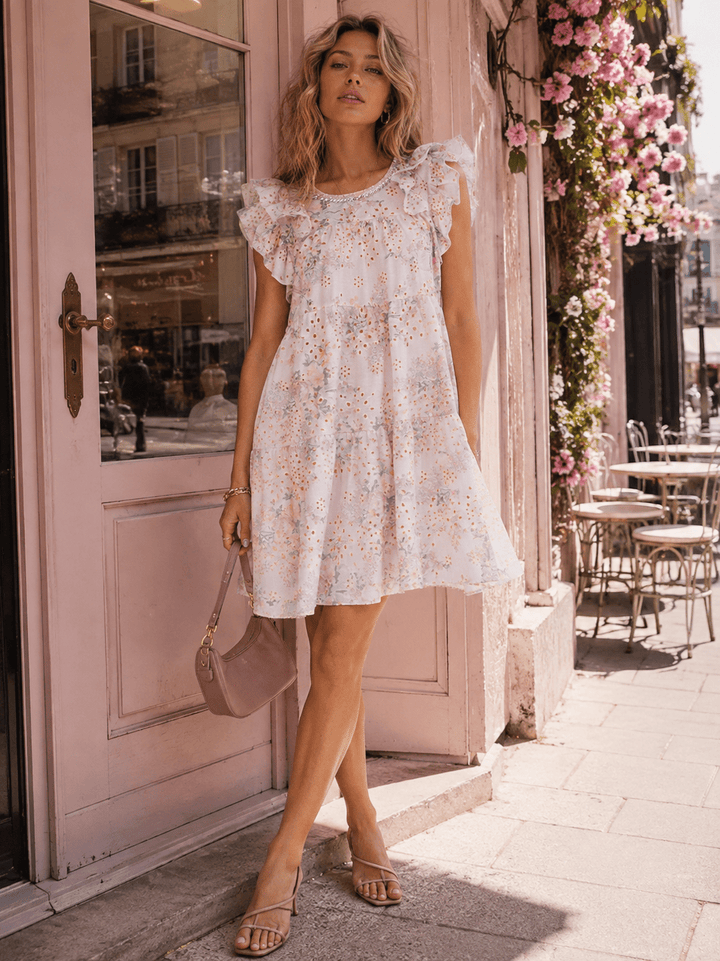 BEULAH WOMEN'S RUFFLE SLEEVE FLORAL EYELEY TUNIC MINI DRESS