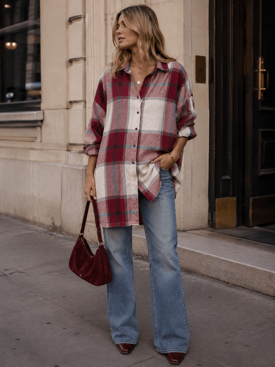 WOMEN'S LONG SLEEVE BUTTON UP OVERSIZED PLAID SHIRT
