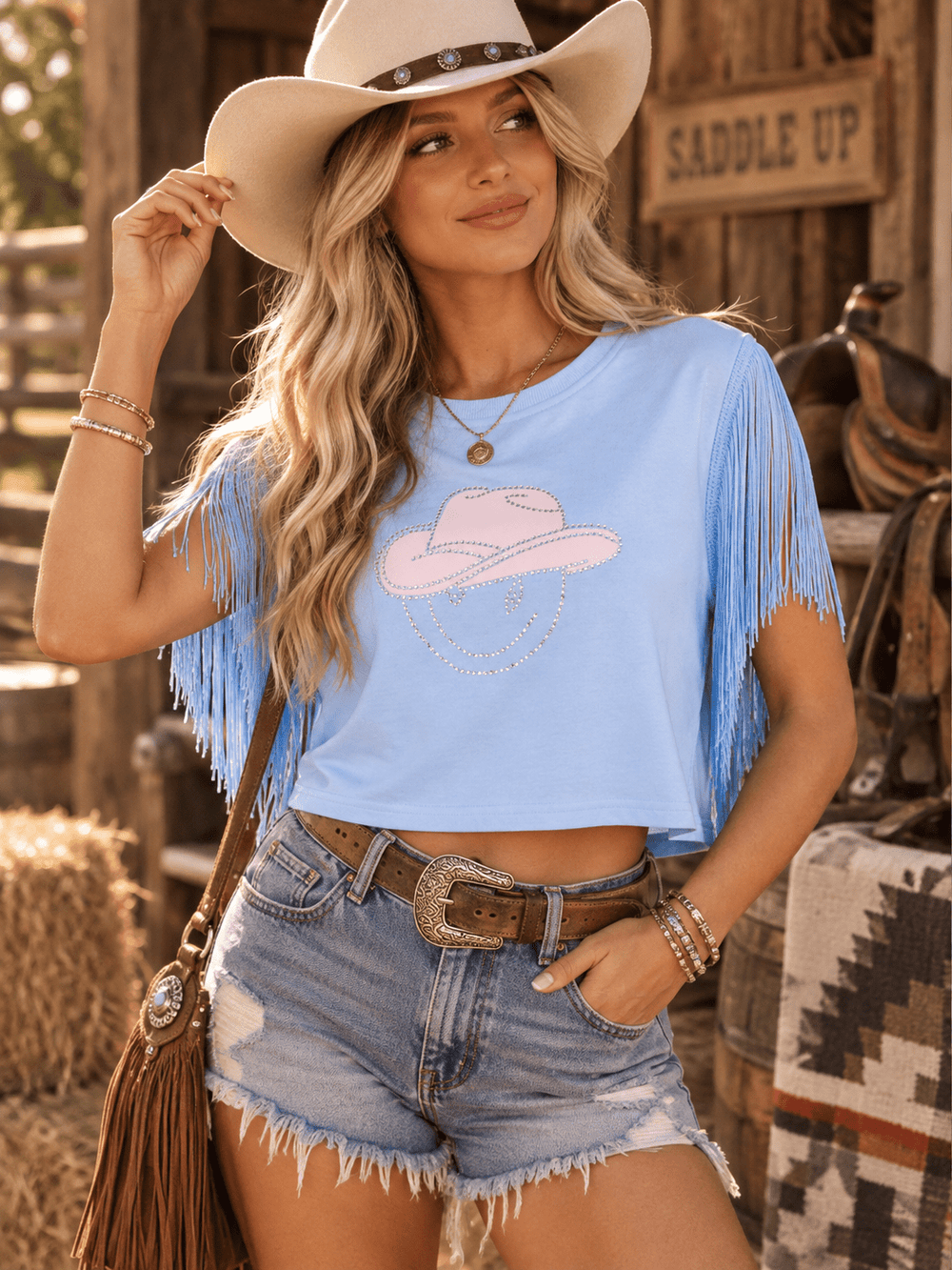 WOMEN'S SHORT FRINGE SLEEVE GRAPHIC SHIRT