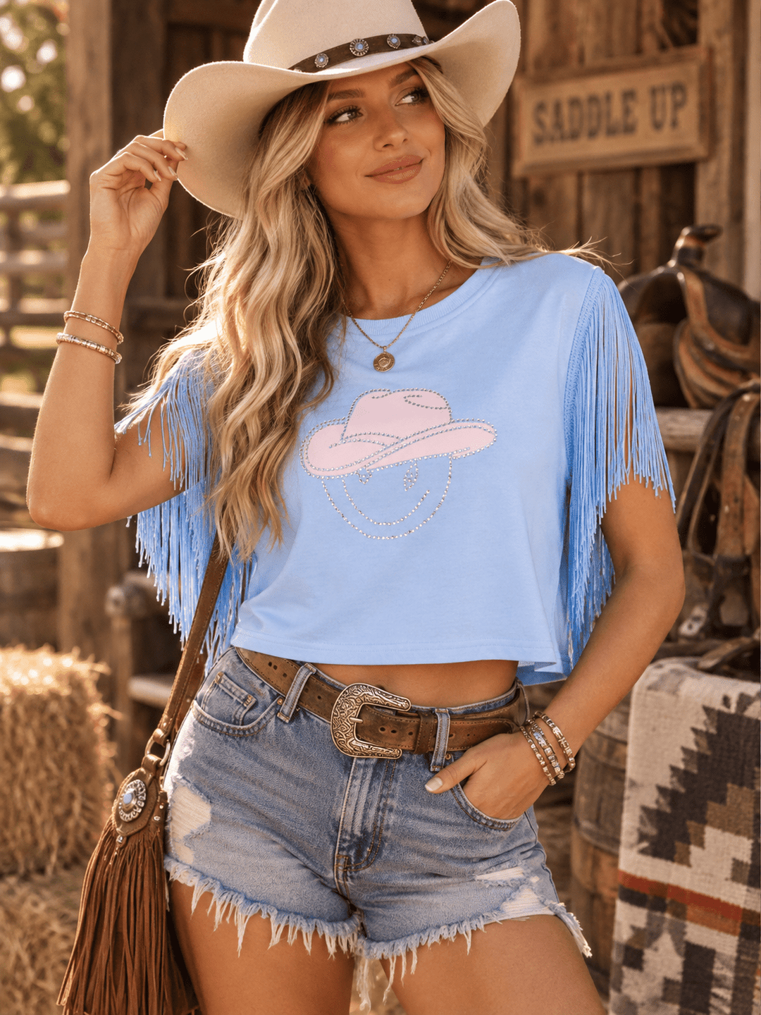WOMEN'S SHORT FRINGE SLEEVE GRAPHIC SHIRT