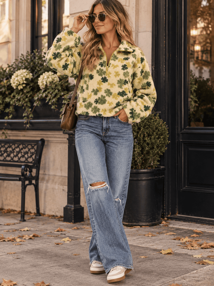WOMEN'S LONG SLEEVE ZIP UP FRONT POCKETS FLORAL SHERPA PULLOVER SWEATER