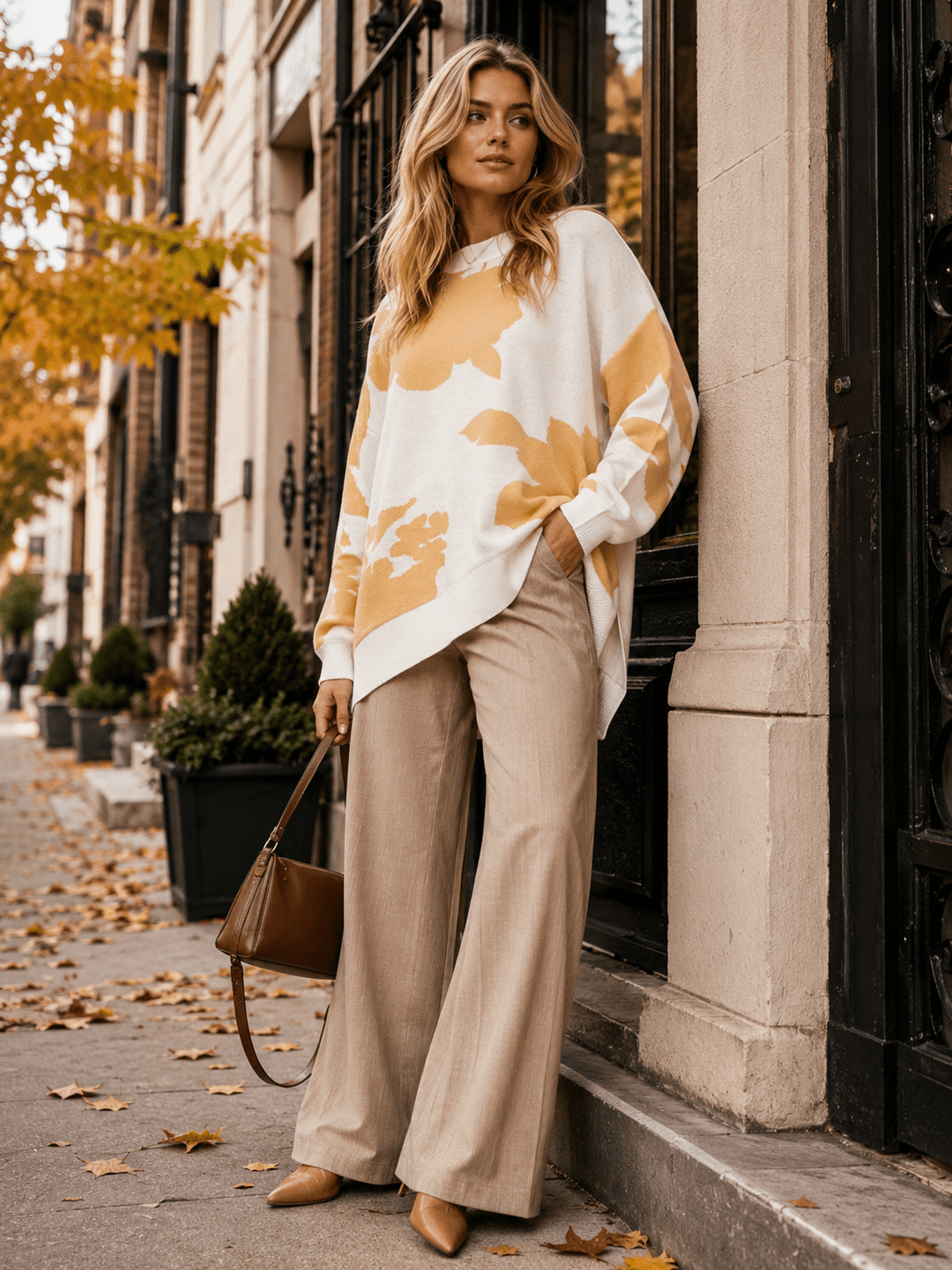 WOMEN'S LONG SLEEVE HIGH-LOW OVERSIZED FLORAL PULLOVER SWEATER