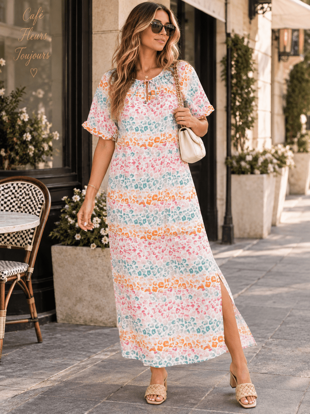 ENTRO WOMEN'S SHORT SLEEVE V-NECK ANIMAL PRINT PRINT TUNIC MAXI DRESS
