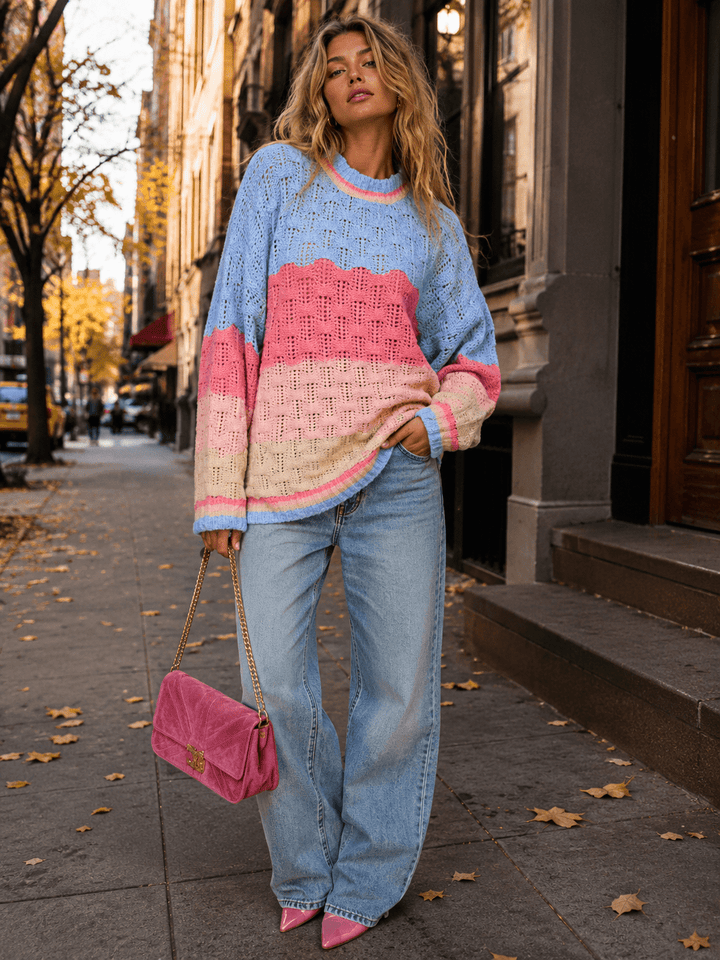 WOMEN'S LONG SLEEVE COLORBLOCK KNIT PULLOVER SWEATER