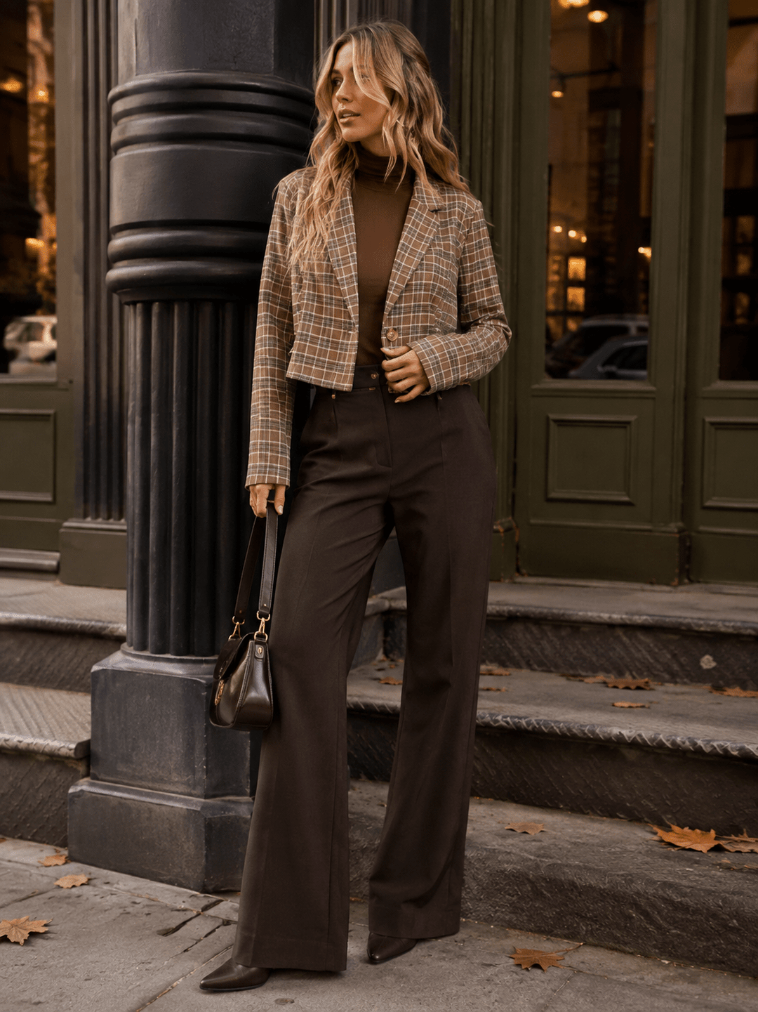 WOMEN'S LONG SLEEVE BUTTON CLOSURE PLAID CROP BLAZER
