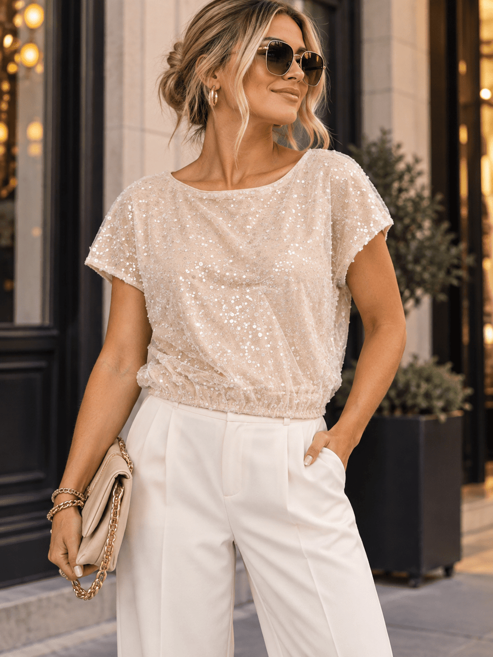 WOMEN'S SHORT SLEEVE PEAR SEQUINS ELASTIC WAIST BLOUSE