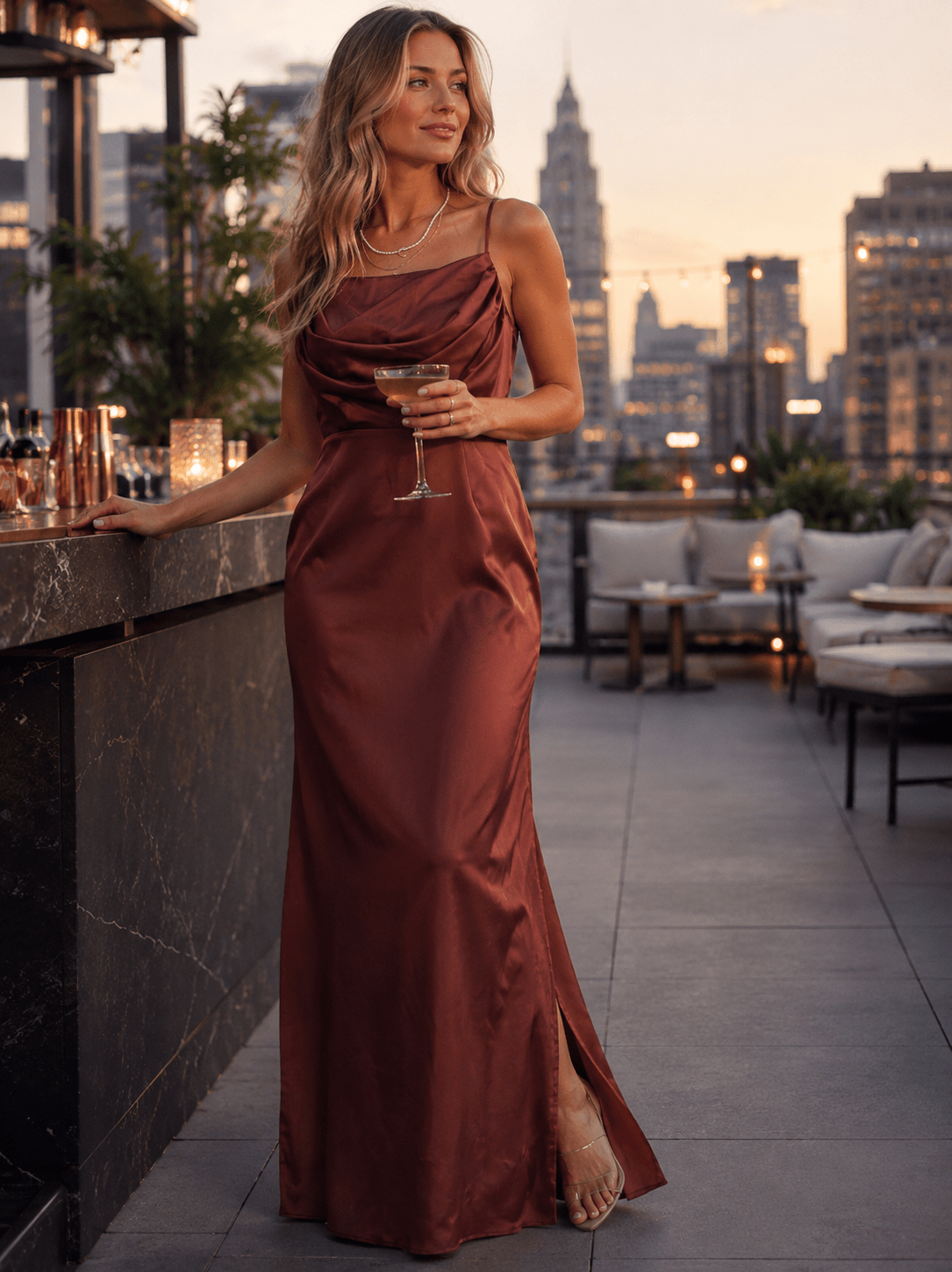 WOMEN'S SLEEVELESS COWL NECK SIDE SLIT MAXI GOWN DRESS