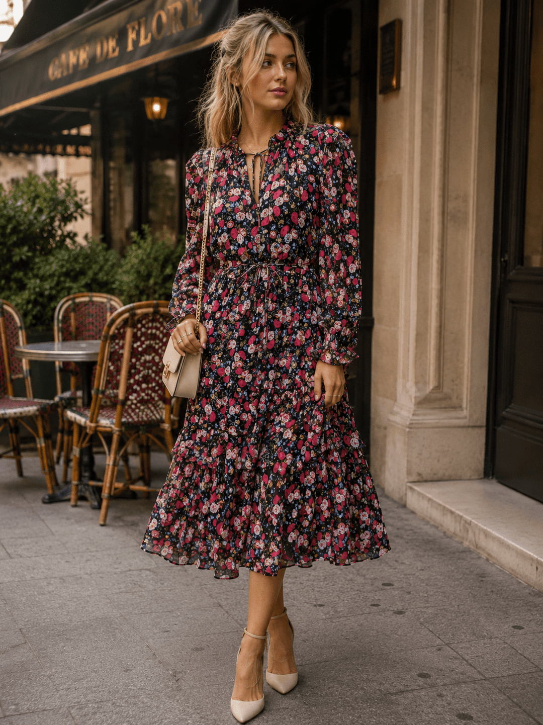 WOMEN'S LONG SLEEVE ELASTIC WAIST FLORAL MIDI DRESS