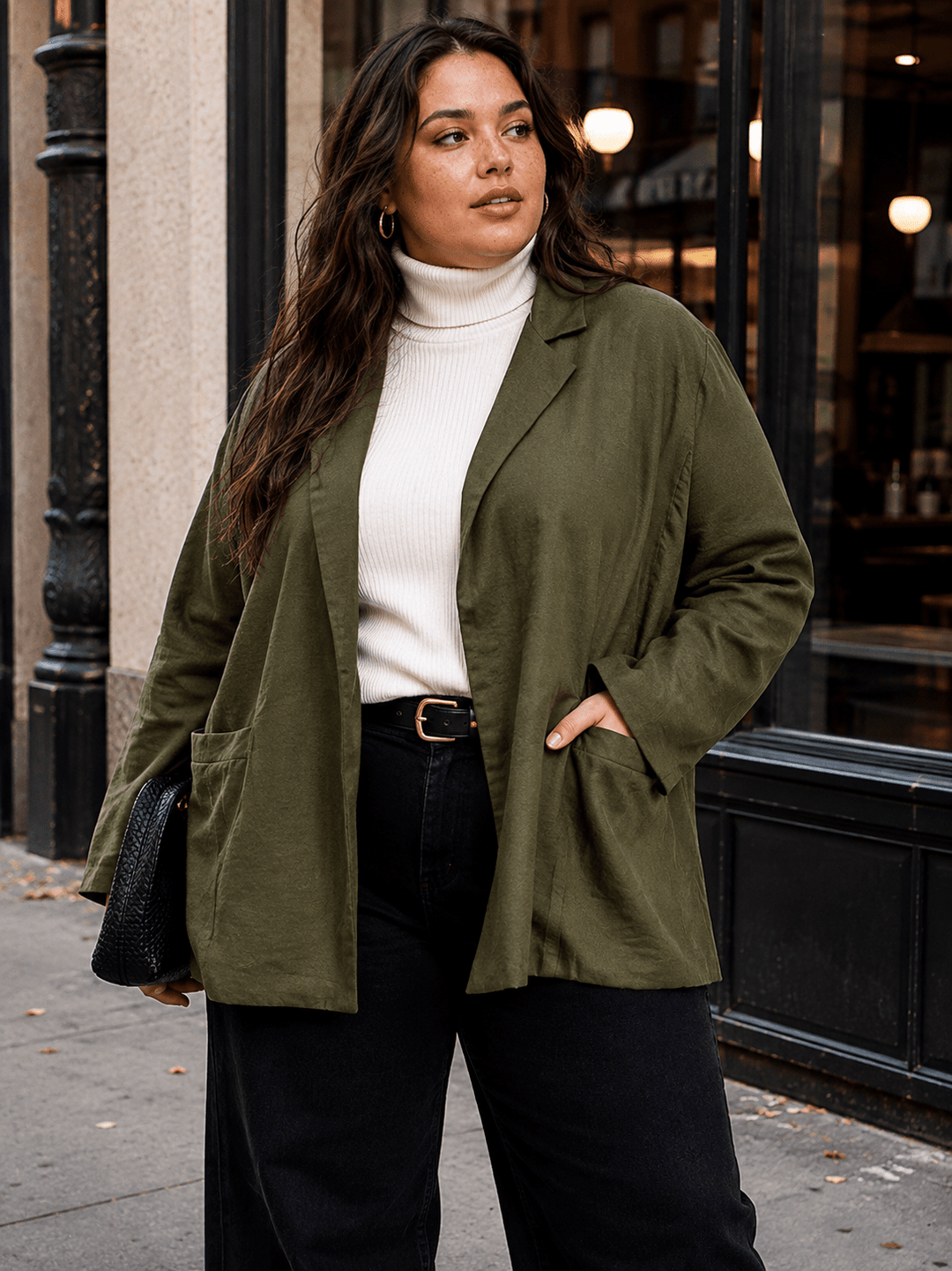 PLUS SIZE LONG SLEEVE OPEN FRONT POCKETS BLAZER