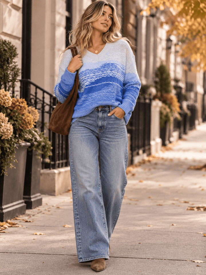WOMEN'S LONG SLEEVE V-NECK KNIT PULLOVER COLORBLOCK SWEATER