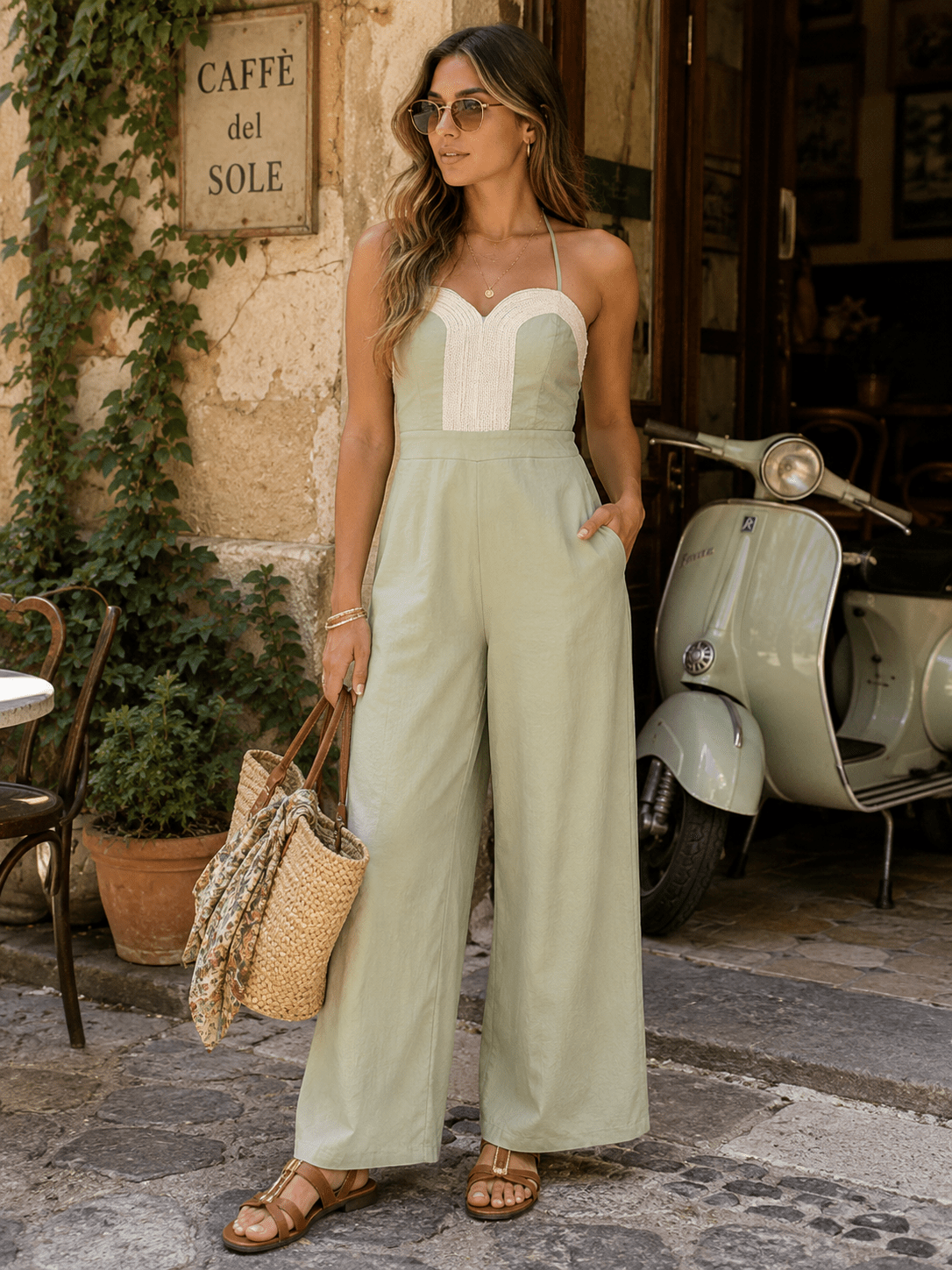WOMEN'S SLEEVELESS HALTER NECK POCKETS SMOCK WIDE LEG JUMPSUIT
