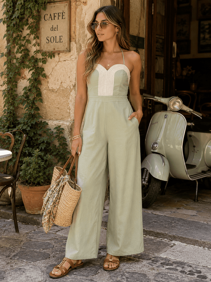 WOMEN'S SLEEVELESS HALTER NECK POCKETS SMOCK WIDE LEG JUMPSUIT