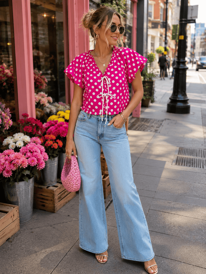 WOMEN'S SHORT PUFF SLEEVE V-NECK FRONT TIE POLKA DOTS BLOUSE