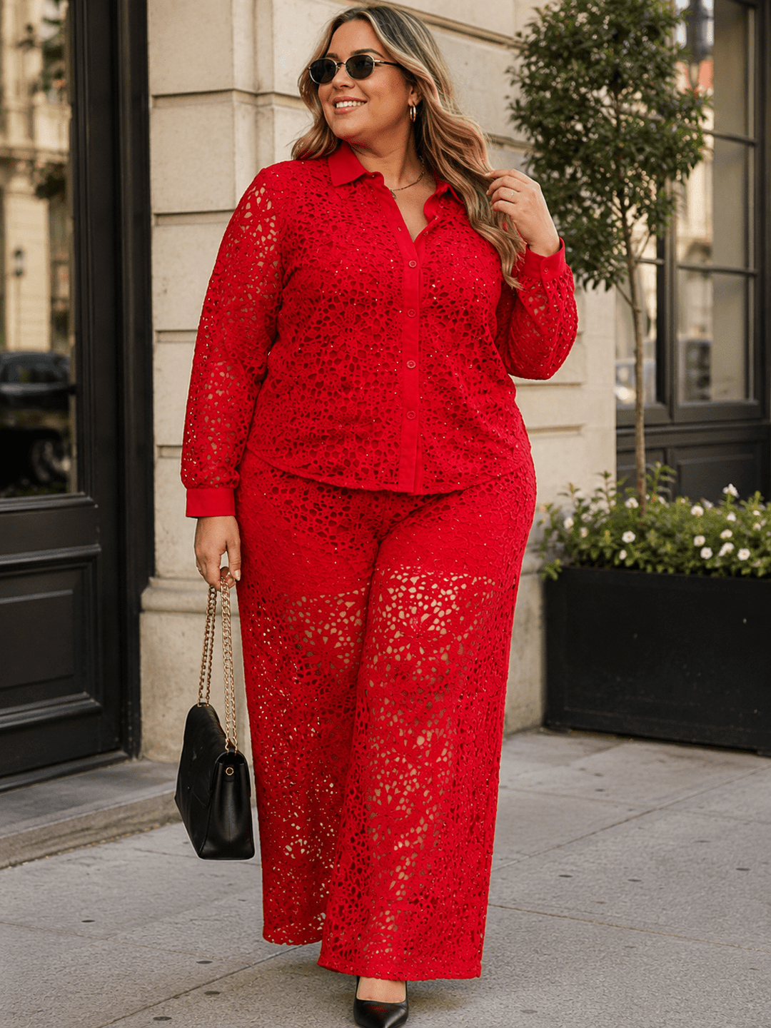 PLUS SIZE LONG SLEEVE BUTTON UP BLOUSE & ELASTIC WAIST WIDE LEG PANTS CROCHET 2PC. SET