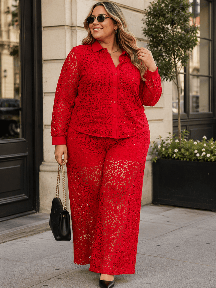 PLUS SIZE LONG SLEEVE BUTTON UP BLOUSE & ELASTIC WAIST WIDE LEG PANTS CROCHET 2PC. SET