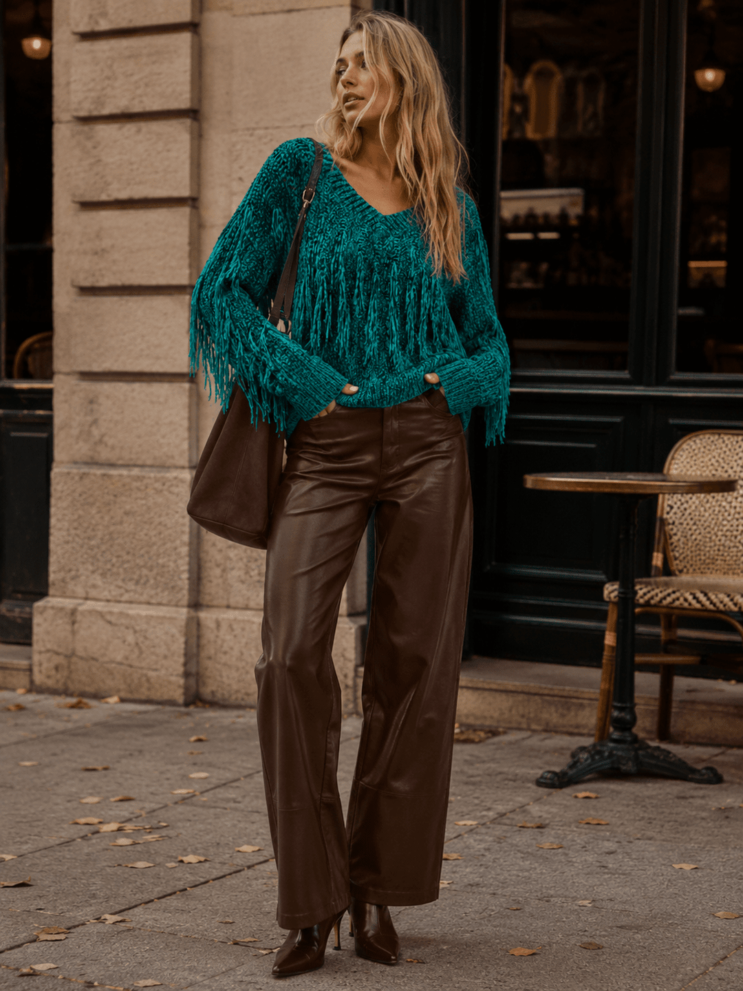 WOMEN'S LONG SLEEVE V-NECK FRINGE PULLOVER SWEATER