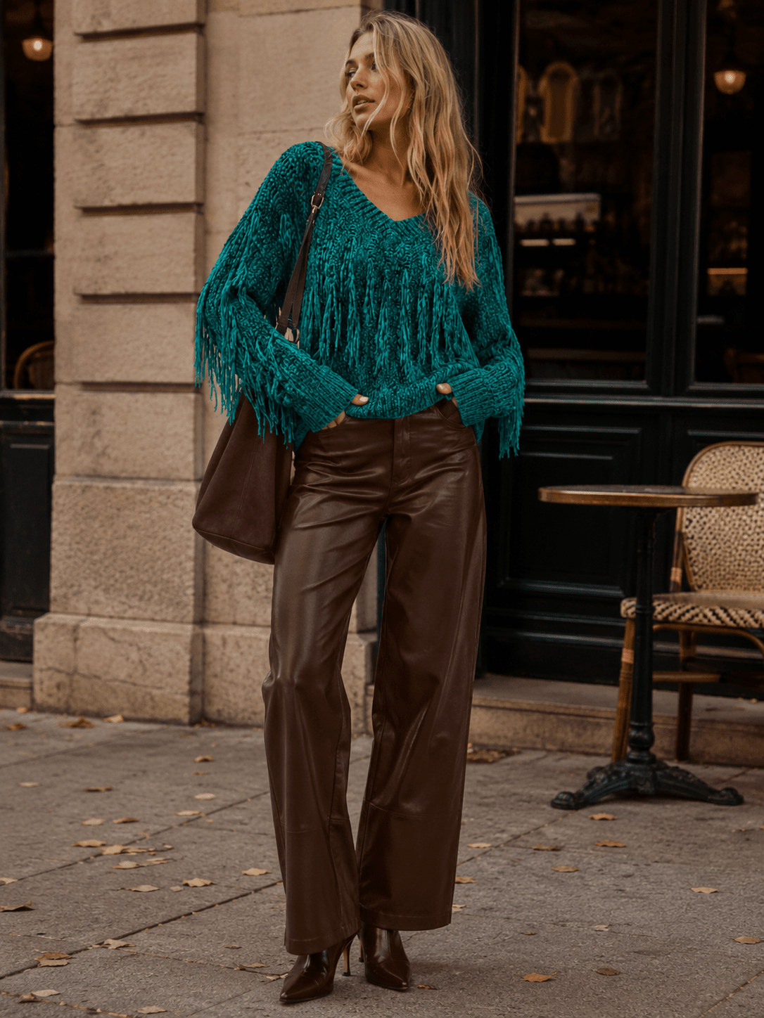 WOMEN'S LONG SLEEVE V-NECK FRINGE PULLOVER SWEATER