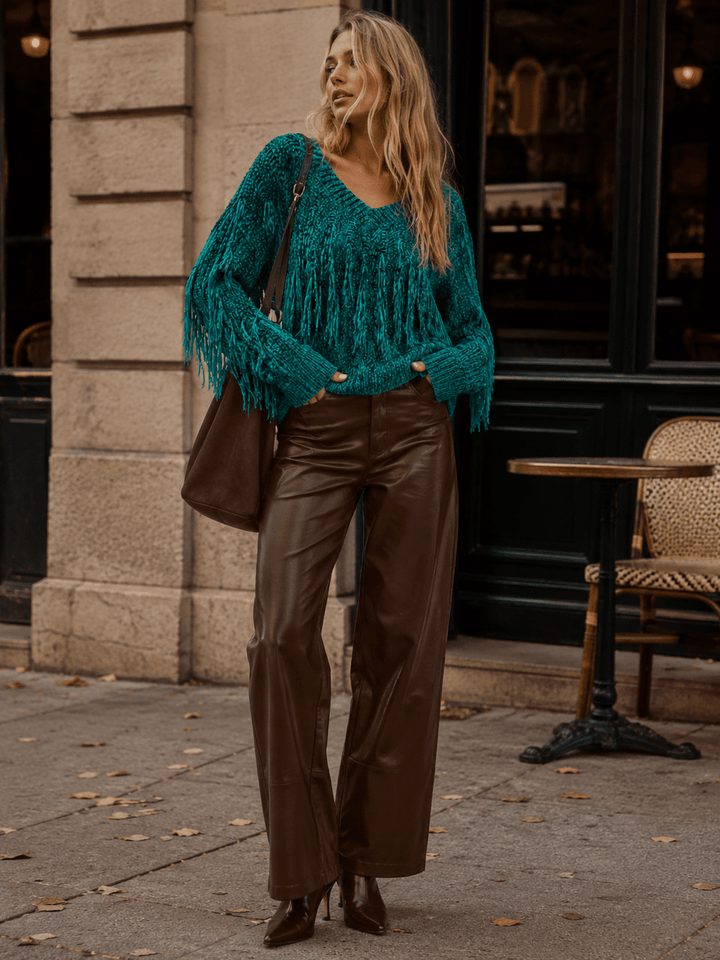 WOMEN'S LONG SLEEVE V-NECK FRINGE PULLOVER SWEATER