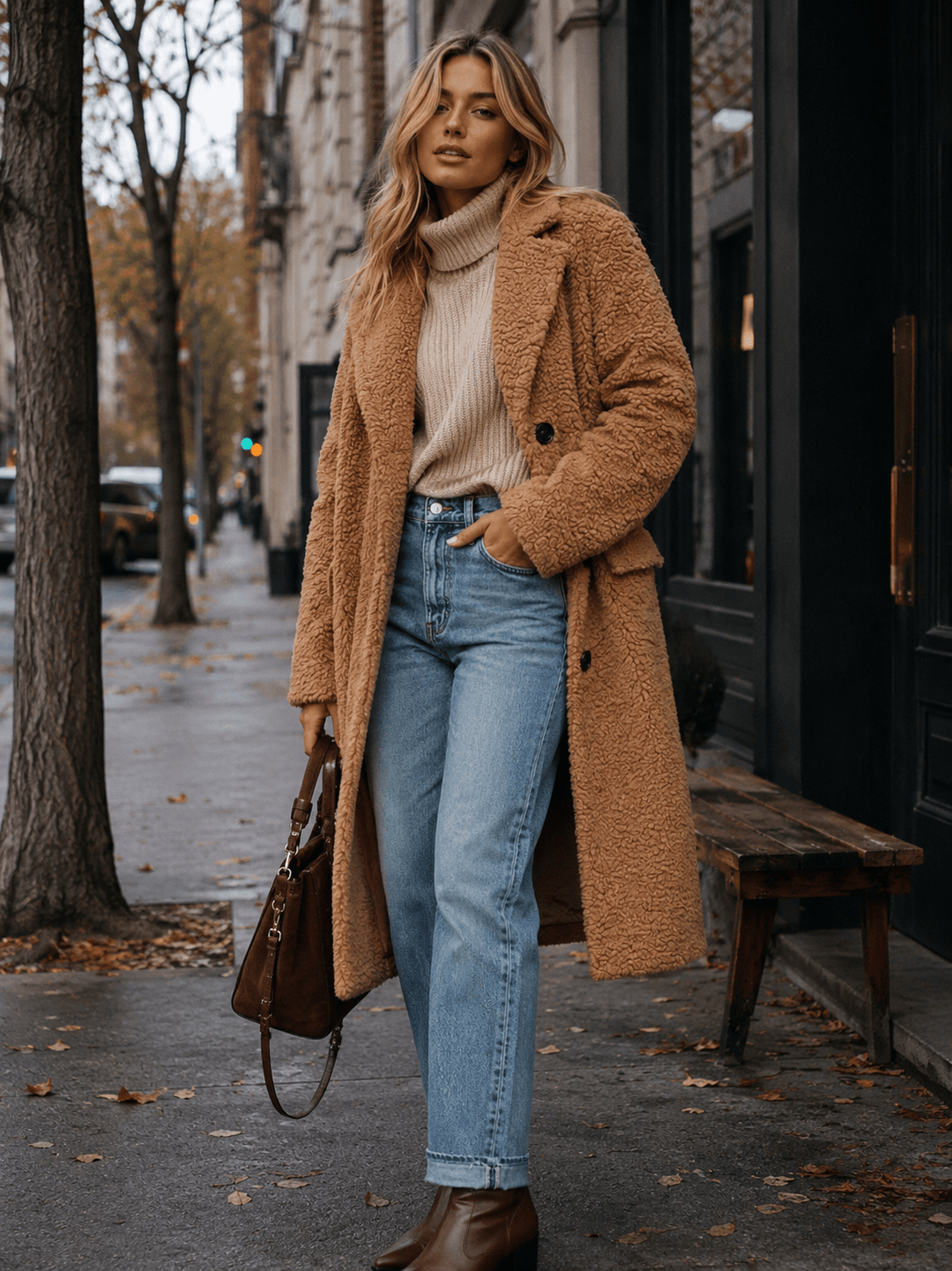 WOMEN'S LONG SLEEVE BUTTON CLOSURE FRONT POCKETS SHERPA COAT