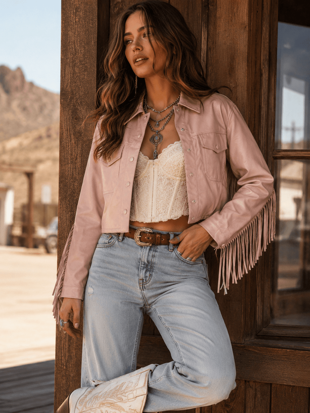 WOMEN'S LONG SLEEVE BUTTON CLOSURE FRONT POCKETS PU PLEATHER FRINGE JACKET (Copy)