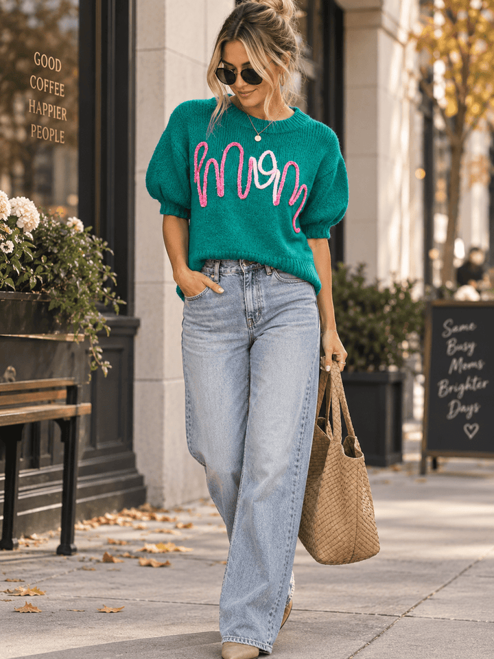 WOMEN'S SHORT SLEEVE MOM SWEATER TOP
